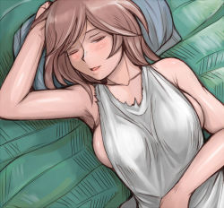Rule 34 | 00s, 1girl, bare shoulders, blush, breasts, brown hair, closed eyes, large breasts, aged up, pillow, rozen maiden, sideboob, sleeping, solo, souseiseki, tank top, torn clothes, tsuda nanafushi