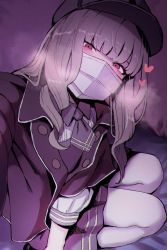 Rule 34 | 1boy, blunt bangs, blush, breath, commentary request, crossdressing, grey hair, haioku colonel, hat, heart, highres, jacket, long hair, looking at viewer, male focus, mask, mouth mask, original, pink eyes, pleated skirt, school uniform, selfie, sitting, skirt, solo