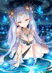 Rule 34 | 1girl, absurdres, armlet, bad id, bad pixiv id, bikini, black bikini, blue butterfly, blue flower, blue theme, breasts, bug, butterfly, cleavage, cloud, crying, earrings, floral print, flower, grey eyes, hair ornament, highres, holding, holding flower, insect, jewelry, large breasts, lily pad, long hair, looking at viewer, necklace, okuma mai, original, purple hair, sitting, sky, smile, solo, swimsuit, tears, twintails, water