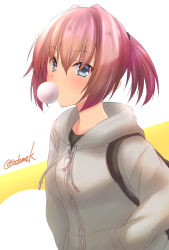 Rule 34 | 1girl, blue eyes, blush, blowing bubbles, chewing gum, grey jacket, hair between eyes, hands in pockets, highres, hood, hooded jacket, jacket, kamijou sadame, kantai collection, long sleeves, one-hour drawing challenge, pink hair, ponytail, shiranui (kancolle), short hair, solo, twitter username, upper body, zipper, zipper pull tab