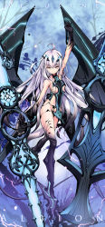 Rule 34 | 1girl, ahoge, arm up, bare shoulders, character name, collarbone, dual wielding, melusine (fate), melusine (third ascension) (fate), fate/grand order, fate (series), full body, holding, long hair, ms06s, revealing clothes, silver hair, solo, sword, weapon, wings, yellow eyes