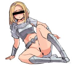 Rule 34 | 1girl, armor, ass, bar censor, belt, blonde hair, blue eyes, blush, boots, bracer, breastplate, censored, commentary request, forehead, hairband, highres, identity censor, justeeeeth, knee boots, korean commentary, league of legends, lux (league of legends), naked armor, navel, short hair, simple background, sitting, sketch, solo, spread legs, white background
