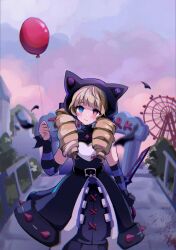 Rule 34 | 1girl, animal ears, balloon, belt, black dress, black hat, black pantyhose, black sleeves, blonde hair, blue eyes, blush, bush, commentary, dress, drill hair, english commentary, fake animal ears, ferris wheel, gwen (league of legends), hand up, hat, heart, highres, holding, holding balloon, kureko0w0, league of legends, light brown hair, long sleeves, looking at viewer, multicolored hair, outdoors, pantyhose, pink sleeves, red eyes, smile, solo, soul fighter gwen, striped sleeves, twin drills, twintails, two-tone hair, white dress