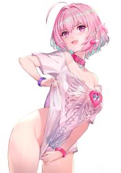 Rule 34 | 1girl, ahoge, blue hair, blush, bottomless, bracelet, breasts, cleavage, collar, collarbone, earrings, fang, hair intakes, heart, heart-shaped lock, idolmaster, idolmaster cinderella girls, jewelry, large breasts, looking at viewer, multicolored hair, naked shirt, no panties, no pants, off shoulder, open mouth, pill earrings, pink collar, pink eyes, pink hair, rui rubellent, shirt, shirt tug, short hair, short sleeves, simple background, skeleton print, smile, solo, standing, t-shirt, two-tone hair, white background, white shirt, yumemi riamu