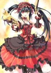Rule 34 | 10s, 1girl, bad id, bad pixiv id, bare shoulders, black hair, boots, breasts, cleavage, clock eyes, date a live, dress, dual wielding, gun, hairband, heterochromia, holding, lolita fashion, lolita hairband, long hair, looking at viewer, red eyes, rifle, smile, solo, symbol-shaped pupils, tokisaki kurumi, trianon, twintails, weapon, yellow eyes