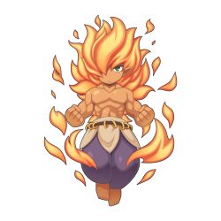 Rule 34 | 1boy, :&lt;, agni (ragnarok online), barefoot, belt, brown belt, chibi, clenched hands, closed mouth, dark-skinned male, dark skin, fiery hair, fire, full body, green eyes, hair between eyes, hair over one eye, jewelry, long bangs, long hair, male focus, muscular, muscular male, no nipples, official art, orange hair, pants, pointy ears, purple pants, ragnarok online, ring, simple background, solo, tan, topless male, transparent background, yuichirou