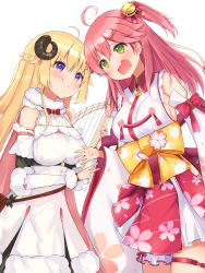 Rule 34 | 2girls, ahoge, blonde hair, blush, breasts, commentary request, detached sleeves, green eyes, harp, highres, hololive, horns, instrument, looking at another, mi taro333, multiple girls, nontraditional miko, open mouth, pink hair, purple eyes, rock paper scissors, sakura miko, sakura miko (1st costume), sheep horns, simple background, smug, tears, tsunomaki watame, tsunomaki watame (1st costume), virtual youtuber, white background