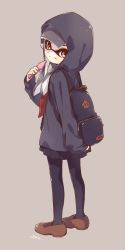 Rule 34 | 1girl, bag, black coat, black hair, black pantyhose, black skirt, bookbag, brown background, brown footwear, cellphone, closed mouth, coat, commentary request, emblem, full body, highres, holding, holding phone, hood, hooded coat, inkling, inkling girl, inkling player character, loafers, long hair, looking at viewer, looking back, miniskirt, neckerchief, nintendo, pantyhose, parka, phone, pleated skirt, red eyes, red neckerchief, school uniform, sen squid, shoes, skirt, smartphone, smile, solo, splatoon (series), splatoon 2, squid, standing, tentacle hair