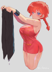 Rule 34 | 1girl, blue eyes, blush, braid, breasts, chamame, commentary request, cropped legs, grey background, highres, holding pants, large breasts, long hair, looking at viewer, no pants, pants, unworn pants, ranma-chan, ranma 1/2, red hair, saotome ranma, sideboob, simple background, solo, twitter username, wet, wet clothes, wristband