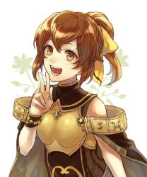 Rule 34 | 1girl, akke, armor, bare shoulders, bow, bracelet, breastplate, brown eyes, brown hair, cape, delthea (fire emblem), fang, fire emblem, fire emblem echoes: shadows of valentia, jewelry, long hair, nintendo, open mouth, ponytail, simple background, smile, solo