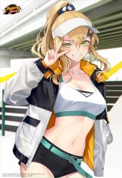 Rule 34 | 1girl, absurdres, black jacket, black shorts, blonde hair, blush, breasts, chimachi, cleavage, commentary, cowboy shot, english commentary, green eyes, grin, hair between eyes, hat, high ponytail, highres, jacket, long bangs, long hair, long sleeves, looking at viewer, mahjong soul, midriff, multicolored clothes, multicolored jacket, navel, official art, open clothes, open jacket, orange jacket, shiraishi nana, short shorts, shorts, smile, solo, sports bra, v over eye, visor cap, wavy hair, white hat, white sports bra