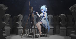 Rule 34 | 1girl, absurdres, barefoot, beret, blue hair, braid, chair, closed mouth, dress, full body, griseo, griseo (starry impression), hat, highres, holding, holding brush, holding palette, honkai (series), honkai impact 3rd, long hair, paint, paint can, painting (object), palette (object), sitting, sleeveless, sleeveless dress, solo, statue, twin braids, white dress, wood cube