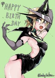 1girl akatsuki_kirika arched_back ass birthday black_leotard blonde_hair blush breasts commentary_request elbow_gloves funkysatou gloves green_background green_eyes happy_birthday headgear highres leotard looking_at_viewer medium_breasts open_mouth senki_zesshou_symphogear shiny_skin short_hair solo thighs