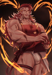 Rule 34 | 1boy, apron, bara, black nails, fire, fundoshi, granblue fantasy, highres, japanese clothes, large pectorals, long hair, male focus, mitsu qo, multicolored hair, muscular, muscular male, official alternate costume, pectorals, red apron, red hair, smile, solo, sweat, thick thighs, thighs, twitter username, two-tone hair, white hair, wilnas (apron of ardor) (granblue fantasy), wilnas (granblue fantasy)