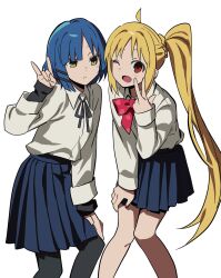Rule 34 | 2girls, \n/, ahoge, asymmetrical sidelocks, betti (xx betti), black pantyhose, black ribbon, black sleeves, blonde hair, blue hair, blue skirt, blunt bangs, blunt ends, bocchi the rock!, bow, bowtie, collared shirt, cowboy shot, dot nose, frown, hand on own thigh, hand up, highres, ijichi nijika, inward v, knees together feet apart, layered clothes, leaning forward, long hair, long skirt, long sleeves, miniskirt, mole, mole under eye, multiple girls, neck ribbon, one eye closed, open mouth, pantyhose, parted hair, pigeon-toed, pleated skirt, red bow, red eyes, ribbon, shirt, shirt tucked in, side-by-side, side ponytail, simple background, skirt, sleeve cuffs, sleeves past wrists, smile, very long hair, white background, white shirt, wing collar, yamada ryo, yellow eyes