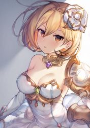 Rule 34 | 1girl, bare shoulders, blonde hair, breasts, brown eyes, cleavage, collarbone, detached collar, djeeta (granblue fantasy), dress, flower, glorybringer (granblue fantasy), granblue fantasy, hair between eyes, hair flower, hair ornament, long sleeves, looking at viewer, medium breasts, narusegawa riko, parted lips, short hair, solo, strapless, strapless dress, upper body, white dress, white flower