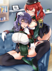 Rule 34 | 2girls, aiguillette, arm rest, azur lane, beret, black cape, black dress, black headwear, black legwear, black panties, blunt bangs, blurry, blurry background, blush, book, bookshelf, bra visible through clothes, breasts, cape, center frills, cherry, cleavage, clock, clothing cutout, commentary request, couch, dress, epaulettes, food, framed breasts, frills, fruit, full body, garter straps, gloves, green dress, green footwear, hair between eyes, hand on another&#039;s head, hand on another&#039;s thigh, hat, high heels, highres, holding, holding food, holding fruit, indoors, italian flag, large breasts, leaning forward, long hair, looking at viewer, multiple girls, navel cutout, no headwear, nose blush, okame. (okame124), one eye closed, open mouth, panties, parted lips, photo (object), pola (azur lane), purple hair, red cape, red eyes, red hair, shadow, sidelocks, sitting, skindentation, smile, spread legs, standing, taut clothes, taut dress, thigh gap, thighhighs, tongue, tongue out, twintails, two-tone dress, underwear, white gloves, wooden floor, zara (azur lane), zettai ryouiki