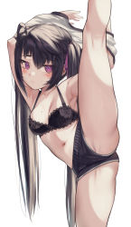 Rule 34 | 1girl, absurdres, ahoge, armpits, arms up, bare legs, bare shoulders, black bra, black hair, black shorts, blush, bra, breasts, clothes lift, collarbone, commentary request, hair ribbon, has bad revision, has censored revision, highres, kneepits, lace, lace-trimmed bra, lace trim, legs, long hair, looking at viewer, md5 mismatch, medium breasts, mole, mole on breast, navel, original, purple eyes, purple ribbon, resolution mismatch, revision, ribbon, shirt, shirt lift, short shorts, shorts, sidelocks, simple background, solo, source smaller, split, standing, standing on one leg, standing split, stomach, torriet, twintails, underwear, very long hair, white background, white shirt