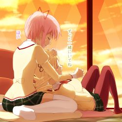 Rule 34 | 10s, 2girls, ace rocket, black legwear, blonde hair, blush, closed eyes, couch, drill hair, hand on another&#039;s head, holding hands, interlocked fingers, kaname madoka, lap, lap pillow, long hair, lying, mahou shoujo madoka magica, mahou shoujo madoka magica (anime), multiple girls, pantyhose, pillow, pink hair, school uniform, short hair, short twintails, sitting, skirt, smile, thighhighs, tomoe mami, translated, twin drills, twintails, wariza, white legwear, window, yuri