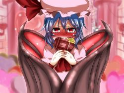 Rule 34 | 1girl, bat wings, blue hair, blush, embarrassed, female focus, fingernails, gift, hat, heart, heart-shaped pupils, large wings, long fingernails, looking at viewer, nail polish, red eyes, remilia scarlet, short hair, solo, symbol-shaped pupils, takorice, touhou, wings