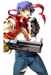 Rule 34 | 1boy, ahoge, angry, bandages, belt, blue hair, brown eyes, denim, gauntlets, gloves, gun, headband, jeans, male focus, official art, ooba wakako, open mouth, pants, rody roughnight, scan, shirt, short hair, solo, vest, weapon, white background, wild arms, wild arms 1