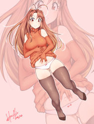 Rule 34 | 1girl, antenna hair, blush, bow, bow panties, breasts, brown hair, commentary request, elbow gloves, full body, gloves, gluteal fold, hori shin, large breasts, long hair, looking at viewer, love hina, narusegawa naru, navel, no pants, no shoes, orange eyes, orange gloves, orange sweater, panties, skindentation, sleeveless, sleeveless turtleneck, solo, spread navel, sweater, thighhighs, toes, turtleneck, underwear, white panties, zoom layer