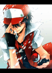 Rule 34 | 1boy, absurdres, bad id, bad pixiv id, baseball cap, black hair, creatures (company), fingerless gloves, game freak, gloves, hat, highres, holding, holding poke ball, kitanti, letterboxed, male focus, nintendo, pixiv red, poke ball, poke ball (basic), pokemon, popped collar, red (pokemon), red eyes, snow, solo