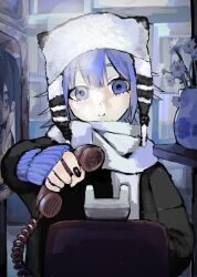 Rule 34 | 1girl, animal ear headwear, black jacket, black nails, blue eyes, blue hair, blue sweater, commentary request, corded phone, daisy, fake animal ears, flower, highres, holding, indoors, jacket, looking at viewer, nail polish, original, parted lips, phone, scarf, short hair, sleeves past wrists, solo, straight-on, sweater, upper body, urokogaran, vase, white flower, white headwear, white scarf, winter clothes