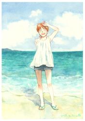 Rule 34 | 1girl, ^ ^, arm behind back, beach, blush, casual, closed eyes, cloud, collarbone, dated, halterneck, hand up, happy, hill, horizon, izumi noa, kidou keisatsu patlabor, ocean, open mouth, orange hair, painting (medium), sandals, shadow, short hair, shorts, signature, solo, swimsuit, swimsuit under clothes, traditional media, ususionorisio, water, watercolor (medium)