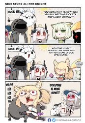 Rule 34 | 3koma, 5girls, :3, ambiguous gender, animal ear fluff, animal ears, arknights, armor, black sports bra, blood, blood from mouth, cat ears, cat girl, chibi, comic, commentary, condom, condom wrapper, demon horns, doctor (arknights), dress, drugged, english commentary, english text, fence, frostnova (arknights), ghost, green dress, green eyes, grey hair, hat, headset, highres, horns, horse ears, horse girl, horse tail, kal&#039;tsit (arknights), kinohara kossuta, long hair, mudrock (arknights), multiple girls, nearl (arknights), off-shoulder dress, off shoulder, official alternate costume, parasol, pointy ears, rabbit ears, red eyes, saliva, short hair, shorts, skadi (arknights), skadi (waverider) (arknights), sports bra, sun, tail, umbrella, very long hair, white armor, white hair