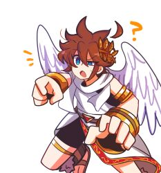 1boy ? ahoge angel angel_wings bike_shorts blue_eyes brown_hair derivative_work detached_ahoge homriette kid_icarus kid_icarus_uprising laurel_crown male_focus nintendo open_mouth pit_(kid_icarus) raised_eyebrow solo wings