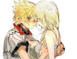 Rule 34 | 1boy, 1girl, blonde hair, blue eyes, blush, breasts, couple, dress, hair between eyes, hand on another&#039;s chest, hands on another&#039;s back, high collar, imminent kiss, kingdom hearts, kingdom hearts ii, medium breasts, medium hair, namine, open collar, roxas, short sleeves, spiked hair, talesofmea, upper body, white background, white dress