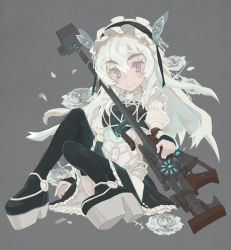 Rule 34 | 10s, 1girl, bad id, bad pixiv id, bokaa (exploration), boots, butterfly hair ornament, chaika trabant, dress, gun, hair ornament, hairband, hitsugi no chaika, lolita hairband, long hair, looking at viewer, muted color, platform footwear, purple eyes, rifle, silver hair, smile, sniper rifle, solo, thigh boots, thighhighs, weapon