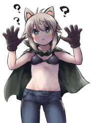 Rule 34 | 1girl, ?, animal ears, bikini, bikini top only, bikini under clothes, black bikini, black pants, brown gloves, brown hair, cape, collarbone, commentary request, cowboy shot, denim, gloves, green cape, green eyes, hair between eyes, hands up, highres, jeans, kemonomimi mode, koshirae tsurugi, looking at viewer, m.m, original, pants, parted lips, simple background, solo, standing, sweat, swimsuit, white background