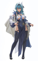 Rule 34 | 1girl, :/, absurdres, alternate costume, aqua hair, asymmetrical hair, between breasts, black hairband, blue dress, blue necktie, blush, boots, breasts, brown eyes, cape, chinese clothes, closed mouth, clothing cutout, covered navel, detached sleeves, dress, eula (genshin impact), full body, genshin impact, hair ornament, hairband, hand on own hip, high heel boots, high heels, highres, large breasts, legs, long sleeves, looking at viewer, neck tassel, necktie, panties, panty straps, pelvic curtain, revision, side-tie panties, side slit, simple background, solo, tassel, thigh boots, thighhighs, underwear, white background, white panties, wide sleeves, zutsuyaku