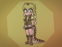 Rule 34 | :3, boots, braid, braided pigtails, breasts, cleavage, crocodile girl, crocodile print, crocodilian, crocodilian tail, glasses, gloves, green eyes, green hair, jacket, kemono friends, kemono friends 2, looking at viewer, multicolored background, multicolored hair, open clothes, open jacket, shorts, spectacled caiman (kemono friends), spiked gloves, tail