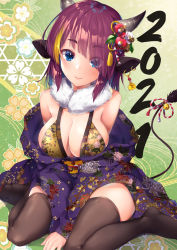 Rule 34 | 1girl, animal ears, bare shoulders, bell, between legs, blonde hair, blue eyes, blush, breasts, brown thighhighs, chinese zodiac, cleavage, closed mouth, commentary request, cow ears, cow horns, cow tail, eyes visible through hair, floral background, floral print, fur collar, gradient background, green background, hair over one eye, hand between legs, highres, horns, japanese clothes, jingle bell, kimono, large breasts, long sleeves, looking at viewer, multicolored hair, original, print kimono, purple hair, purple kimono, ribbon, short hair, sitting, smile, solo, streaked hair, tail, tail bell, tail ornament, tail ribbon, thighhighs, two-tone hair, wariza, year of the ox, yuki kawachi