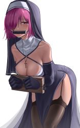 Rule 34 | 1girl, absurdres, bare shoulders, bdsm, bit gag, blush, bondage, bound, bound wrists, breasts, cowboy shot, cross, cross necklace, drooling, elbow gloves, fate/grand order, fate (series), gag, gagged, gloves, habit, hair over one eye, harris hero, highres, jewelry, mash kyrielight, necklace, nun, parted lips, restrained, saliva, simple background, solo, stocks, thighhighs, variant set, white background
