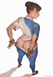 Rule 34 | 1girl, ass, asura (asurauser), brown hair, butt crack, capcom, chinese clothes, chun-li, clothes lift, clothes pull, clothing aside, cum, cum in clothes, cum on ass, double bun, dress, dress lift, earrings, from behind, full body, hair bun, hair ribbon, highres, jewelry, looking at viewer, looking back, mature female, no panties, pants, pants pull, patreon username, pearl earrings, pulled by self, ribbon, shadow, solo, standing, street fighter, street fighter 6, sweat, thick thighs, thighs, yellow ribbon