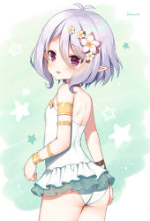 Rule 34 | 1girl, antenna hair, armlet, ass, backless outfit, bare shoulders, blush, breasts, cowboy shot, flower, frilled swimsuit, frills, hair between eyes, hair flower, hair ornament, kokkoro (princess connect!), kokkoro (summer) (princess connect!), looking at viewer, looking to the side, mauve, one-piece swimsuit, parted lips, pink flower, pointy ears, princess connect!, red eyes, see-through, silver hair, small breasts, smile, solo, star (symbol), swimsuit, twitter username, white flower, white one-piece swimsuit