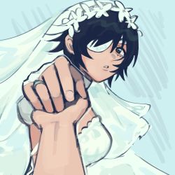Rule 34 | bridal gauntlets, bridal veil, chainsaw man, choker, dress, eyepatch, flowers in hair, green eyes, hayakawa aki, highres, himeno (chainsaw man), holding hands, jewelry, light blue background, liowig, long glove, looking at viewer, married, ring, simple background, veil, wedding dress, wedding headdress, wedding ring, white eyepatch