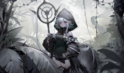 Rule 34 | 1girl, ahoge, arknights, bare shoulders, black hair, black shirt, black thighhighs, braid, clothing cutout, commentary, crocodilian tail, detached sleeves, female focus, flower, forest, gloves, goggles, goggles around neck, grey gloves, heridy, highres, holding, holding staff, hood, hood up, large tail, long sleeves, looking at viewer, multicolored hair, nature, outdoors, pale skin, pointy ears, shirt, short hair, shoulder cutout, side braid, sidelocks, solo, staff, standing, streaked hair, swept bangs, tail, thighhighs, tomimi (arknights), torn clothes, torn thighhighs, tree, white flower, white hair, yellow eyes