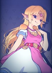 Rule 34 | 1girl, blonde hair, blue eyes, breasts, dark persona, dress, fang, grin, highres, jewelry, long hair, looking at viewer, looking down, necklace, nintendo, ougushi takaaki, pink vest, pointy ears, princess zelda, smile, solo, standing, the legend of zelda, the legend of zelda: a link between worlds, vest