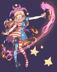 Rule 34 | 1girl, :d, american flag dress, american flag legwear, blonde hair, blush, clownpiece, full body, hat, high heels, jester cap, kikugetsu, long hair, looking at viewer, no wings, open mouth, outstretched arm, pantyhose, pink eyes, print pantyhose, puffy sleeves, short sleeves, simple background, smile, solo, star (symbol), striped clothes, striped pantyhose, touhou, wrist cuffs