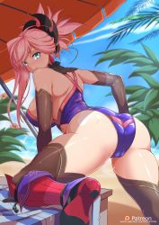 Rule 34 | 1girl, alternate costume, artist name, ass, asymmetrical hair, bare shoulders, beach, beach umbrella, blue eyes, blue sky, blurry, blurry background, blush, boots, breasts, closed mouth, cloud, competition swimsuit, day, depth of field, detached sleeves, earrings, fate/grand order, fate (series), from behind, highres, jewelry, knee boots, large breasts, leaf, leg up, lips, long hair, looking back, miyamoto musashi (fate), nose blush, ocean, one-piece swimsuit, patreon logo, pink hair, ponytail, purple one-piece swimsuit, raised eyebrows, red footwear, sand, shiny clothes, shiny skin, shoe soles, sideboob, sky, solo, spread legs, swimsuit, thighs, torahime (roland00), trefoil, umbrella, water drop, watermark, web address