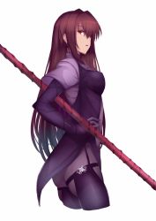 Rule 34 | 1girl, armor, bodysuit, cowboy shot, fate/grand order, fate (series), gae bolg (fate), hand on own hip, kameponde, long hair, looking at viewer, parted lips, pauldrons, polearm, profile, purple bodysuit, purple hair, red eyes, scathach (fate), scathach (fate), shoulder armor, simple background, solo, weapon, white background