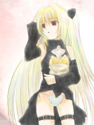 Rule 34 | 00s, blonde hair, detached sleeves, konjiki no yami, long hair, lost july, panties, red eyes, solo, striped clothes, striped panties, thigh strap, to love-ru, underwear