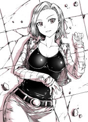 Rule 34 | 1girl, android 18, belt, belt buckle, black shirt, breasts, buckle, cleavage, collarbone, commentary request, cowboy shot, denim, denim jacket, denim vest, dragon ball, dragonball z, dutch angle, earrings, eyelashes, facing viewer, fish.boy, forehead, highres, jacket, jeans, jewelry, long sleeves, looking at viewer, lying, medium breasts, monochrome, on back, on floor, pants, parted bangs, shirt, short hair, skirt, sleeves past wrists, small breasts, smile, solo, striped, striped sleeves, vest