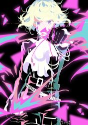 Rule 34 | 1boy, belt, black gloves, black jacket, blonde hair, clenched hand, ascot, earrings, fire, gloves, highres, jacket, jewelry, lio fotia, male focus, outstretched hand, promare, purple eyes, signature, solo, wand3754