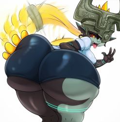 Rule 34 | 1girl, ass, ass focus, ass smack, breasts, colored sclera, colored skin, covered erect nipples, cowboy shot, female focus, huge ass, kneepits, large breasts, mato spectoru, medium breasts, midna, multicolored skin, neon trim, nintendo, open mouth, orange hair, prehensile hair, red eyes, shirt, shorts, smile, solo, spanking, the legend of zelda, the legend of zelda: twilight princess, thick thighs, thighs, tongue, two-tone skin, w, white background, wide hips, yellow sclera